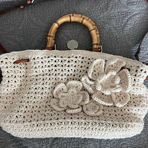 Patricia Nash Cream Crochet Tote with Bamboo Handles  and Floral Appliqués
